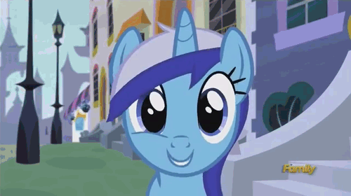 Size: 500x280 | Tagged: safe, screencap, character:minuette, species:pony, species:unicorn, episode:amending fences, g4, my little pony: friendship is magic, animated, building, canterlot, cute, discovery family logo, eyes closed, female, grin, looking at you, mare, minubetes, outdoors, pov, smiling, solo, streetlight, talking