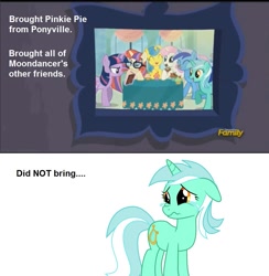 Size: 977x1000 | Tagged: safe, screencap, character:lemon hearts, character:lyra heartstrings, character:minuette, character:moondancer, character:twilight sparkle, character:twinkleshine, episode:amending fences, g4, my little pony: friendship is magic, book, canterlot six, crying lyra, text
