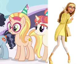 Size: 921x766 | Tagged: safe, screencap, character:booksmart, character:honey lemon, character:morning roast, species:pony, species:unicorn, episode:amending fences, g4, my little pony: friendship is magic, big hero 6, bookseller, clothing, comparison, hat, looking at you, open mouth, party hat, peace sign, ponified, smiling