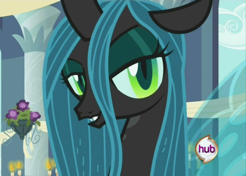 Size: 503x360 | Tagged: safe, screencap, character:queen chrysalis, species:changeling, episode:a canterlot wedding, g4, my little pony: friendship is magic, animated, bedroom eyes, candle, changeling queen, fangs, female, flower, hub logo, looking at you, open mouth, smiling, solo, stupid sexy chrysalis, talking, wings