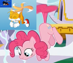 Size: 717x624 | Tagged: safe, artist:skye-izumi, screencap, character:pinkie pie, episode:amending fences, g4, my little pony: friendship is magic, comparison, crossover, dragon ball, fanart from other series, flying, goku, image macro, meme, miles "tails" prower, pinkie being pinkie, pinkie physics, pinkiecopter, sonic the hedgehog (series), tailcopter