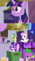 Size: 1500x2603 | Tagged: safe, artist:demigod-spike, artist:paragonaj, screencap, character:lemon hearts, character:minuette, character:spike, character:starlight glimmer, character:twilight sparkle, character:twilight sparkle (alicorn), character:twinkleshine, species:alicorn, species:pony, ship:sparlight, episode:amending fences, g4, my little pony: friendship is magic, bedroom eyes, discovery family logo, female, hilarity ensues, hundreds of users filter this tag, implied kidnapping, male, mare, restaurant, screencap comic, shipping, starlight stalker, straight, this will end in jail time, tonight you, vector edit