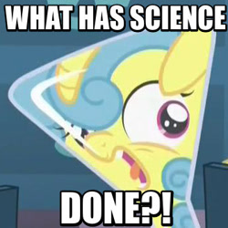 Size: 350x350 | Tagged: safe, screencap, character:lemon hearts, episode:amending fences, g4, my little pony: friendship is magic, aqua teen hunger force, doctor weird, dr. weird, erlenmeyer flask, flaskhead hearts, horrified, image macro, meme, reaction image, solo, stuck, what has science done