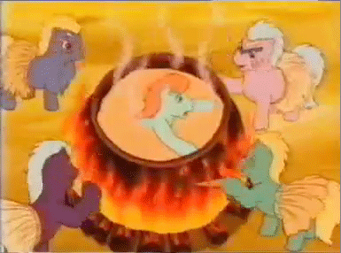 Size: 385x286 | Tagged: safe, screencap, episode:ponies in paradise, g1, my little pony tales, animated, cannibalism, carrot, cauldron, cooked alive, cooking, donner party, dream, fire, food, imagine spot, peril, pony as food, pot, sacrifice, you know for kids