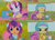 Size: 1986x1440 | Tagged: safe, screencap, character:mayor flitter flutter, character:scootaloo (g3), character:sweetie belle (g3), species:pegasus, species:pony, episode:twinkle wish adventure, g3.5, clothing, lol, pun, scooter, subtitles