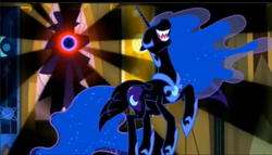 Size: 977x557 | Tagged: safe, screencap, character:nightmare moon, character:princess luna, character:tantabus, species:alicorn, species:pony, episode:do princesses dream of magic sheep?, ethereal mane, female, galaxy mane, laughing, mare, nose in the air, open mouth, sharp teeth, smiling, solo, volumetric mouth