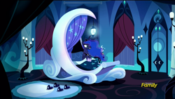 Size: 1920x1080 | Tagged: safe, screencap, character:princess luna, species:alicorn, species:pony, episode:do princesses dream of magic sheep?, bed, bedroom, clothing, discovery family logo, ethereal mane, female, galaxy mane, jewelry, luna's room, mare, regalia, slippers, solo