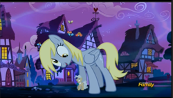 Size: 989x561 | Tagged: safe, screencap, character:derpy hooves, character:mayor mare, species:pegasus, species:pony, episode:do princesses dream of magic sheep?, derpysaur, discovery family logo, dream, epic derpy, female, giant derpy hooves, giant pony, giantess, looking down, looking up, macro, mare, night, shared dream