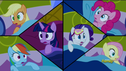 Size: 1920x1080 | Tagged: safe, screencap, character:applejack, character:fluttershy, character:pinkie pie, character:rainbow dash, character:rarity, character:twilight sparkle, character:twilight sparkle (alicorn), species:alicorn, species:pony, episode:do princesses dream of magic sheep?, bed, mane six, sleep mask, waking