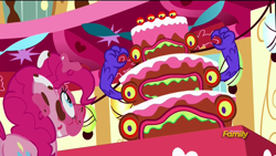 Size: 1920x1080 | Tagged: safe, screencap, character:pinkie pie, species:earth pony, species:pony, episode:do princesses dream of magic sheep?, cake, female, mare, monster, open mouth, raised arms