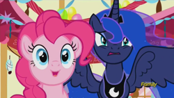 Size: 1600x900 | Tagged: safe, screencap, character:pinkie pie, character:princess luna, species:alicorn, species:earth pony, species:pony, episode:do princesses dream of magic sheep?, cringing, discovery family logo, spread wings, varying degrees of want, wings