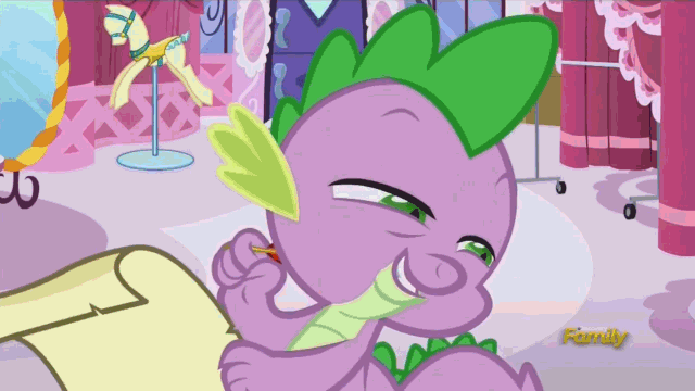 Size: 640x360 | Tagged: safe, screencap, character:spike, species:dragon, episode:do princesses dream of magic sheep?, animated, carousel boutique, discovery, faec, gif, letter, lidded eyes, male, mirror, parchment, ponyquin, quill, scroll, smug, solo, trollface, trollspike, writing
