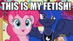 Size: 800x450 | Tagged: safe, screencap, character:pinkie pie, character:princess luna, episode:do princesses dream of magic sheep?, caption, cringing, discovery family logo, disgusted, do not want, duo, faec, image macro, meme, reaction image, that is my fetish, varying degrees of want, want