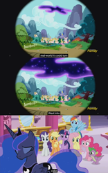 Size: 1600x2565 | Tagged: safe, screencap, character:applejack, character:fluttershy, character:pinkie pie, character:princess luna, character:rainbow dash, character:rarity, character:spike, character:tantabus, character:twilight sparkle, character:twilight sparkle (alicorn), species:alicorn, species:pony, episode:do princesses dream of magic sheep?, cake, female, mane seven, mane six, mare, meme, youtube caption