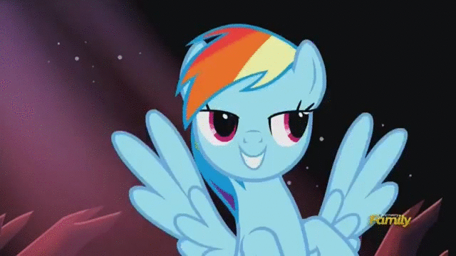Size: 640x360 | Tagged: safe, screencap, character:rainbow dash, species:changeling, episode:do princesses dream of magic sheep?, animated, discovery family logo, fight, flying, knock out, like a boss, offhand backhand, smirk, talking