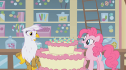 Size: 851x477 | Tagged: safe, screencap, character:gilda, character:pinkie pie, species:griffon, episode:griffon the brush-off, cake, food