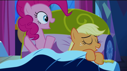 Size: 1920x1080 | Tagged: safe, screencap, character:applejack, character:pinkie pie, species:earth pony, species:pony, episode:do princesses dream of magic sheep?, bed, duo, great moments in animation, in bed