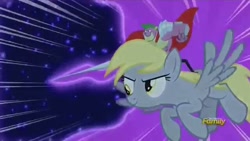 Size: 640x360 | Tagged: safe, screencap, character:derpy hooves, character:spike, character:tantabus, species:dragon, species:pegasus, species:pony, episode:do princesses dream of magic sheep?, beefspike, derpysaur, dragons riding ponies, epic derpy, female, flying, mare
