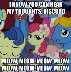 Size: 550x559 | Tagged: safe, screencap, character:apple bloom, character:caesar, character:perfect pace, character:sunshower raindrops, episode:make new friends but keep discord, g4, my little pony: friendship is magic, image macro, implied discord, masquerade, meme, meow mix, perry pierce, simpsons did it, telepathy, the boy who knew too much, the simpsons