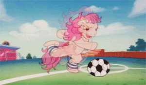 Size: 300x176 | Tagged: safe, screencap, character:patch (g1), species:earth pony, species:pony, g1, my little pony tales, angry, animated, football, kicking, solo, sports