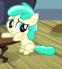 Size: 200x220 | Tagged: safe, screencap, character:mint flower, episode:for whom the sweetie belle toils, season 4, 5-year-old, cute, filly, foal, frown, leaning, sad, solo, worried