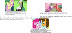 Size: 2069x967 | Tagged: safe, official, screencap, character:big mcintosh, character:cheerilee, character:cheese sandwich, character:discord, character:fluttershy, character:pinkie pie, my little pony chapter books, book, discord and the ponyville players dramarama, g.m. berrow, spoiler, text