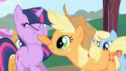 Size: 1280x720 | Tagged: safe, screencap, character:apple cider, character:apple cobbler, character:applejack, character:lavender fritter, character:red gala, character:twilight sparkle, character:twilight sparkle (unicorn), species:earth pony, species:pony, species:unicorn, episode:friendship is magic, g4, my little pony: friendship is magic, apple family member, background pony, eyes closed, female, funny face, hoof in mouth, hoofjack, mare, out of context, puffy cheeks