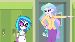 Size: 1280x718 | Tagged: safe, screencap, character:dj pon-3, character:princess celestia, character:principal celestia, character:vinyl scratch, episode:music to my ears, g4, my little pony:equestria girls, headphones, pointing