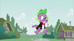 Size: 373x210 | Tagged: safe, screencap, character:spike, species:dragon, circling stars, clothing, cloud, dizzy, house, male, ponyville, sky, solo, wavy mouth
