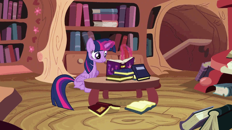 Size: 768x432 | Tagged: safe, screencap, character:twilight sparkle, character:twilight sparkle (alicorn), species:alicorn, species:pony, episode:testing testing 1-2-3, g4, my little pony: friendship is magic, animated, bed, book, bookshelf, desk, friendship journal, gif, golden oaks library, journal, magic, quill, sitting, smiling, staircase, table, telekinesis, tree, writing, zoom out