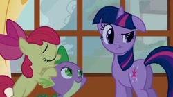 Size: 636x355 | Tagged: safe, screencap, character:apple bloom, character:spike, character:twilight sparkle, butt, plot