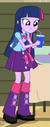 Size: 287x720 | Tagged: safe, screencap, character:twilight sparkle, character:twilight sparkle (alicorn), species:alicorn, equestria girls:rainbow rocks, g4, my little pony:equestria girls, backpack, boots, clothing, cup, high heel boots, humans doing horse things, punch (drink), punch bowl, skirt