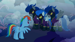 Size: 1280x720 | Tagged: safe, screencap, character:descent, character:nightshade, character:rainbow dash, species:pegasus, species:pony, episode:friendship is magic, g4, my little pony: friendship is magic, clothing, costume, female, male, mare, shadowbolts, shadowbolts (nightmare moon's minions), shadowbolts costume, stallion