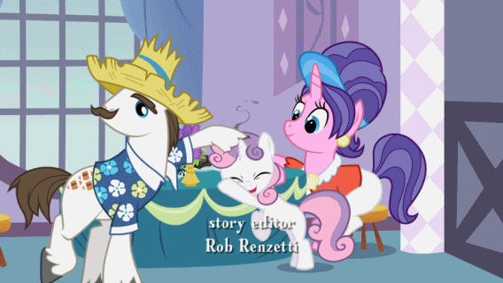 Size: 568x320 | Tagged: safe, screencap, character:cookie crumbles, character:hondo flanks, character:sweetie belle, ship:cookieflanks, episode:sisterhooves social, g4, my little pony: friendship is magic, animated, credits, cute, diasweetes, eyes closed, out of context, rarity's parents, rob renzetti, rubbing, shipping, smoke