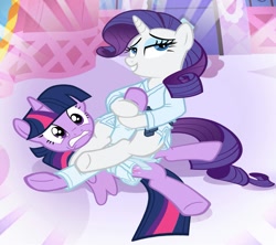 Size: 1179x1046 | Tagged: safe, artist:invisibleguy-ponyman, screencap, character:rarity, character:twilight sparkle, character:twilight sparkle (alicorn), species:alicorn, species:pony, species:unicorn, armbar, black belt, clothing, female, gi, gritted teeth, jiujitsu, jujitsu, mare, martial artist rarity, martial arts, misleading thumbnail, out of context, robe, trousers