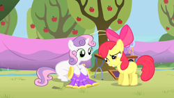 Size: 1280x720 | Tagged: safe, screencap, character:apple bloom, character:sweetie belle, species:earth pony, species:pony, species:unicorn, episode:the show stoppers, g4, my little pony: friendship is magic, duo, five legs, sweetie fail