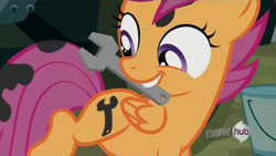 Size: 1152x648 | Tagged: safe, screencap, character:scootaloo, species:pegasus, species:pony, episode:one bad apple, g4, my little pony: friendship is magic, alternate cutie mark, fake cutie mark, hub logo, mouth hold, solo, wrench