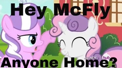Size: 1024x576 | Tagged: safe, screencap, character:diamond tiara, character:sweetie belle, episode:twilight time, g4, my little pony: friendship is magic, back to the future, biff tannen, hub logo, hubble, marty mcfly, meme