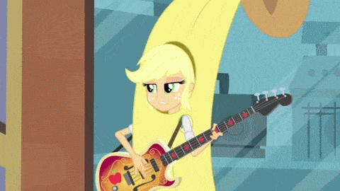 Size: 480x270 | Tagged: safe, screencap, character:applejack, episode:a case for the bass, equestria girls:rainbow rocks, g4, my little pony:equestria girls, animated, banana suit, bananajack, guitar, unamused, wink