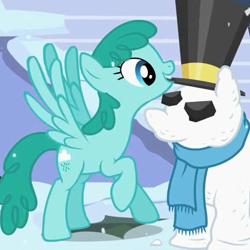 Size: 455x455 | Tagged: safe, screencap, character:spring melody, character:sprinkle medley, species:pegasus, species:pony, episode:hearth's warming eve, g4, my little pony: friendship is magic, background pony, clothing, female, hat, mare, mouth hold, scarf, snow, snowfall, snowpony, solo, top hat