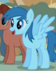 Size: 186x236 | Tagged: safe, screencap, species:pegasus, species:pony, episode:friendship is magic, g4, my little pony: friendship is magic, background pony, blank flank, blue october, blueberry muffin, cropped, female, mare, smiling, solo focus, spread wings, wings