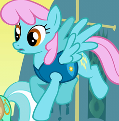 Size: 712x720 | Tagged: safe, screencap, character:lyra heartstrings, character:sassaflash, species:pegasus, species:pony, episode:winter wrap up, g4, my little pony: friendship is magic, background pony, cropped, female, flying, mare, pink mane, recolor, solo focus, weather team, winter wrap up vest