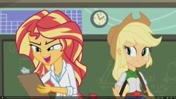 Size: 1920x1080 | Tagged: safe, screencap, character:applejack, character:sunset shimmer, episode:the science of magic, equestria girls:friendship games, g4, my little pony:equestria girls, chalkboard, clipboard, clock, pencil, sunset the science gal