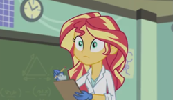 Size: 1213x705 | Tagged: safe, screencap, character:sunset shimmer, episode:the science of magic, equestria girls:friendship games, g4, my little pony:equestria girls, chalkboard, clipboard, clothing, lab coat, pencil, solo, sunset the science gal