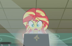 Size: 1014x646 | Tagged: safe, screencap, character:sunset shimmer, episode:the science of magic, equestria girls:friendship games, g4, my little pony:equestria girls, computer, laptop computer, oh crap face, shrunken pupils, solo, sunset the science gal, youtube link