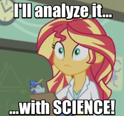 Size: 497x465 | Tagged: safe, screencap, character:sunset shimmer, episode:the science of magic, equestria girls:friendship games, g4, my little pony:equestria girls, batman, clipboard, clothing, college humor, image macro, lab coat, meme, pencil, reaction image, solo, sunset the science gal, thousand yard stare