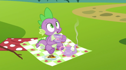 Size: 994x558 | Tagged: safe, screencap, character:spike, episode:dragon quest, g4, my little pony: friendship is magic, blanket, cookie, food, looking up, open mouth, tea