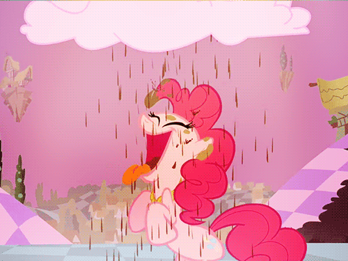 Size: 500x375 | Tagged: safe, screencap, character:pinkie pie, species:earth pony, species:pony, episode:the return of harmony, g4, my little pony: friendship is magic, animated, chocolate rain, cloud, cotton candy, cotton candy cloud, discorded landscape, female, food, mare, purple sky, solo, tongue out