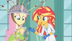 Size: 1366x768 | Tagged: safe, screencap, character:fluttershy, character:sunset shimmer, episode:the science of magic, equestria girls:friendship games, g4, my little pony:equestria girls, sunset the science gal