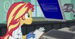 Size: 1044x544 | Tagged: safe, screencap, character:sunset shimmer, episode:the science of magic, equestria girls:friendship games, g4, my little pony:equestria girls, blue screen of death, clipboard, clothing, computer, exploitable meme, inverted mouth, lab coat, meme, pencil, rubber gloves, solo, sunset the science gal, sunset's computer